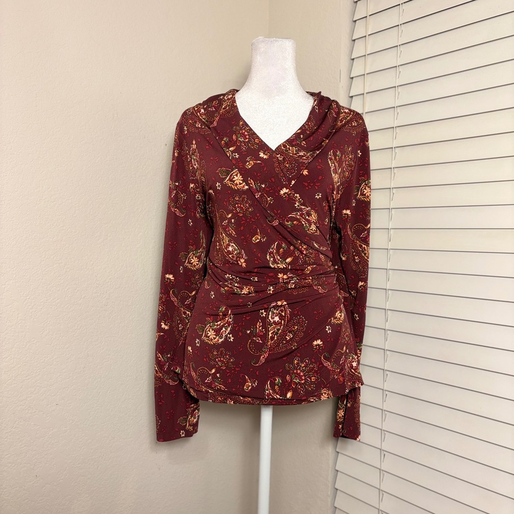 Tahari L Red Burgundy Paisley Wrap Ruched Long Sleeve Fairy Regency Top
